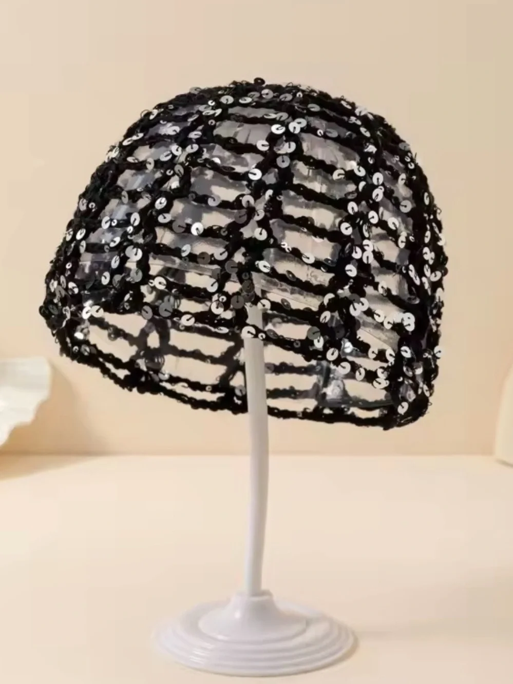 Others Follow Black Sequined Open-Knit Beanie